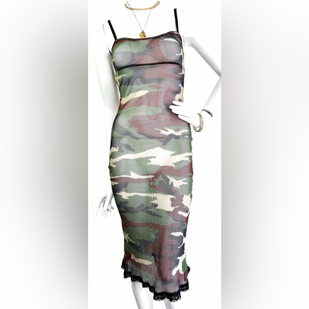 Vintage Dang Goodman Tripp NYC Dress Mesh Camouflage Sheer Green Midi Small